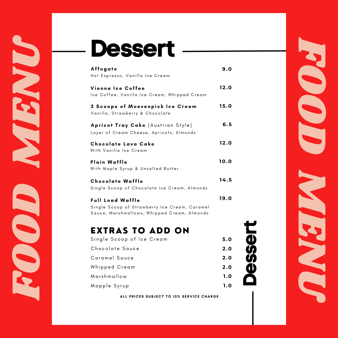 A vibrant red and white menu displaying a variety of desserts and add-ons.