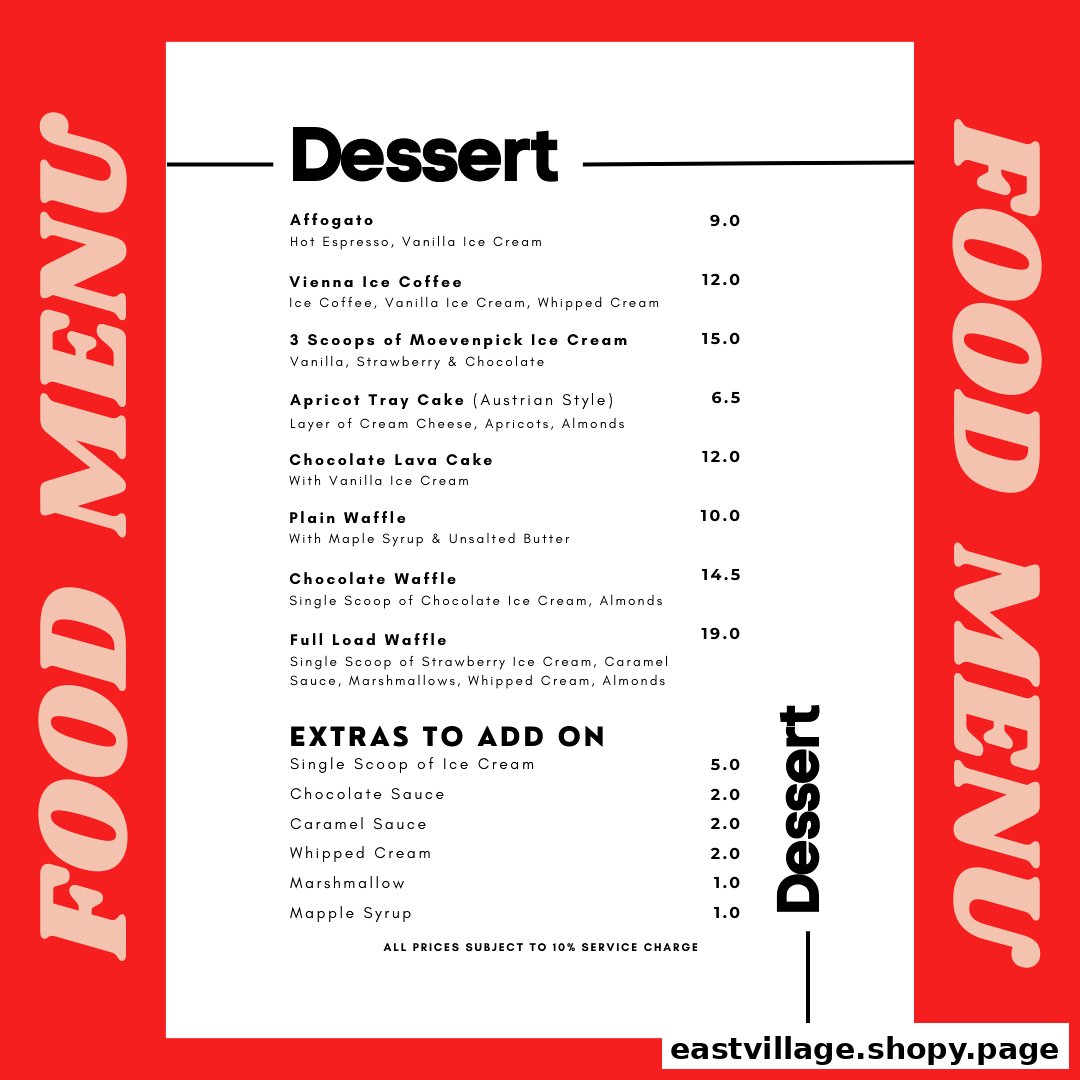 A vibrant red and white menu displaying a variety of desserts and add-ons.