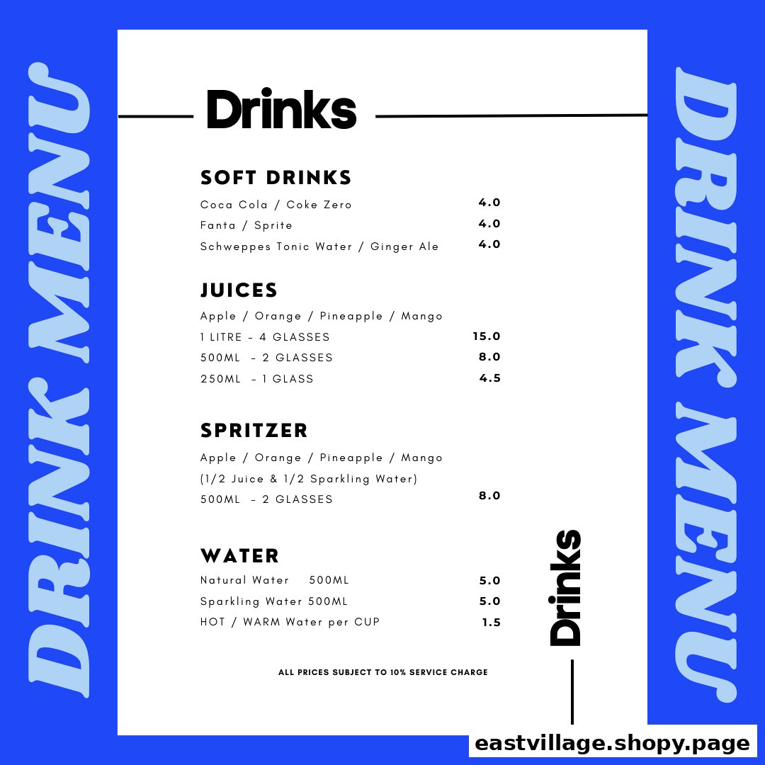 A vibrant blue and white menu displaying a variety of drinks and their prices.
