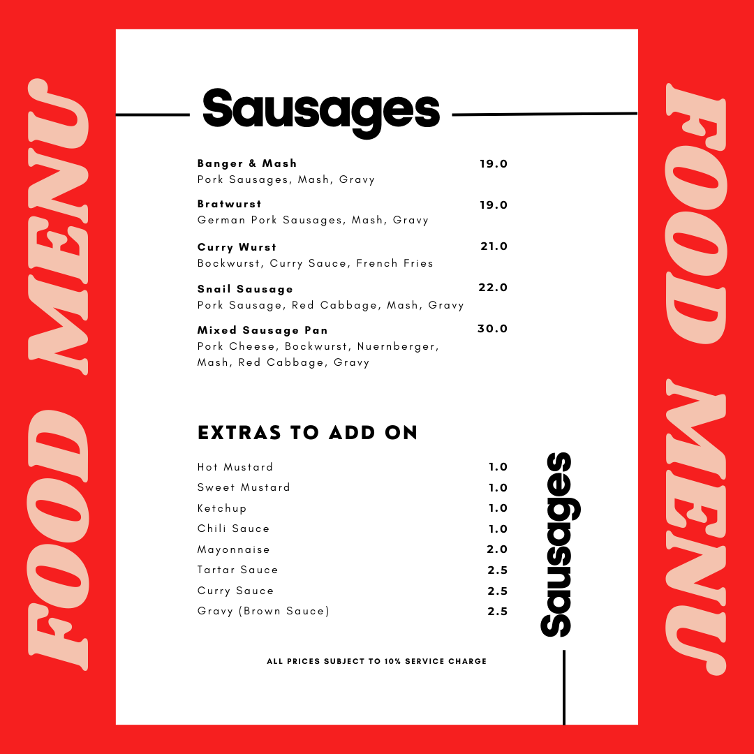 A vibrant red and white menu displaying a variety of sausage dishes and accompanying extras.