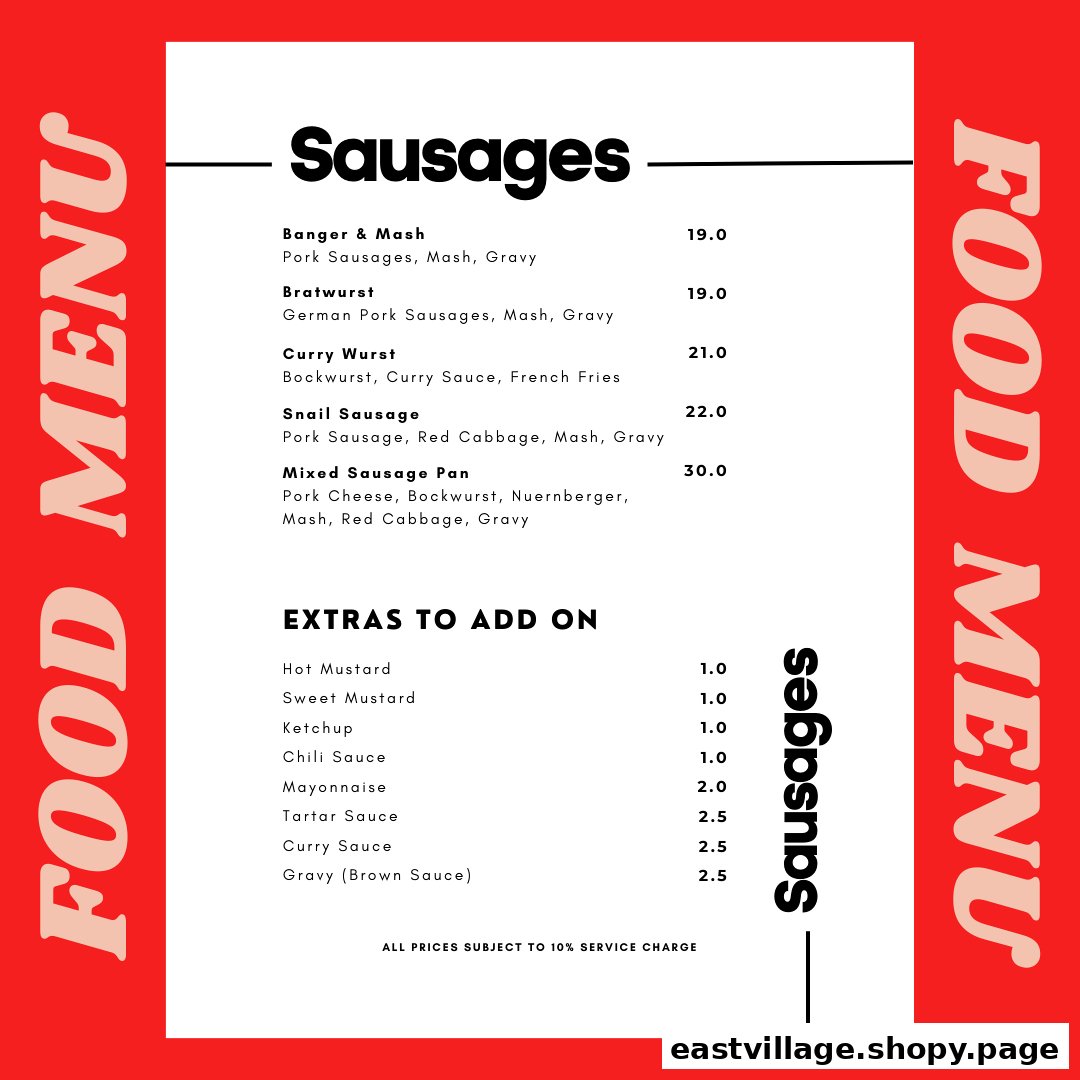 A vibrant red and white menu displaying a variety of sausage dishes and accompanying extras.