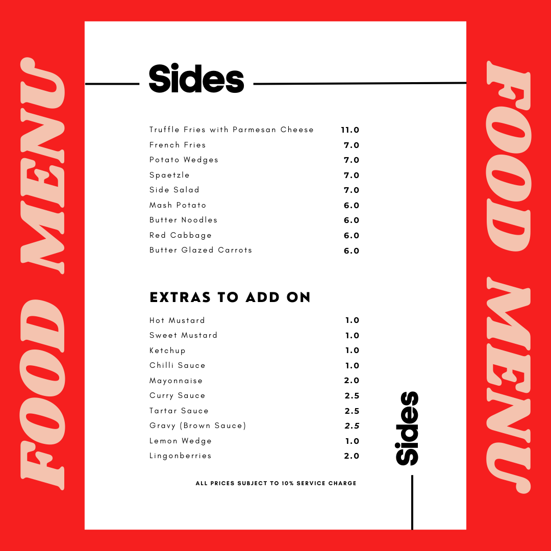A vibrant red and white menu displaying a selection of sides and extra sauces.