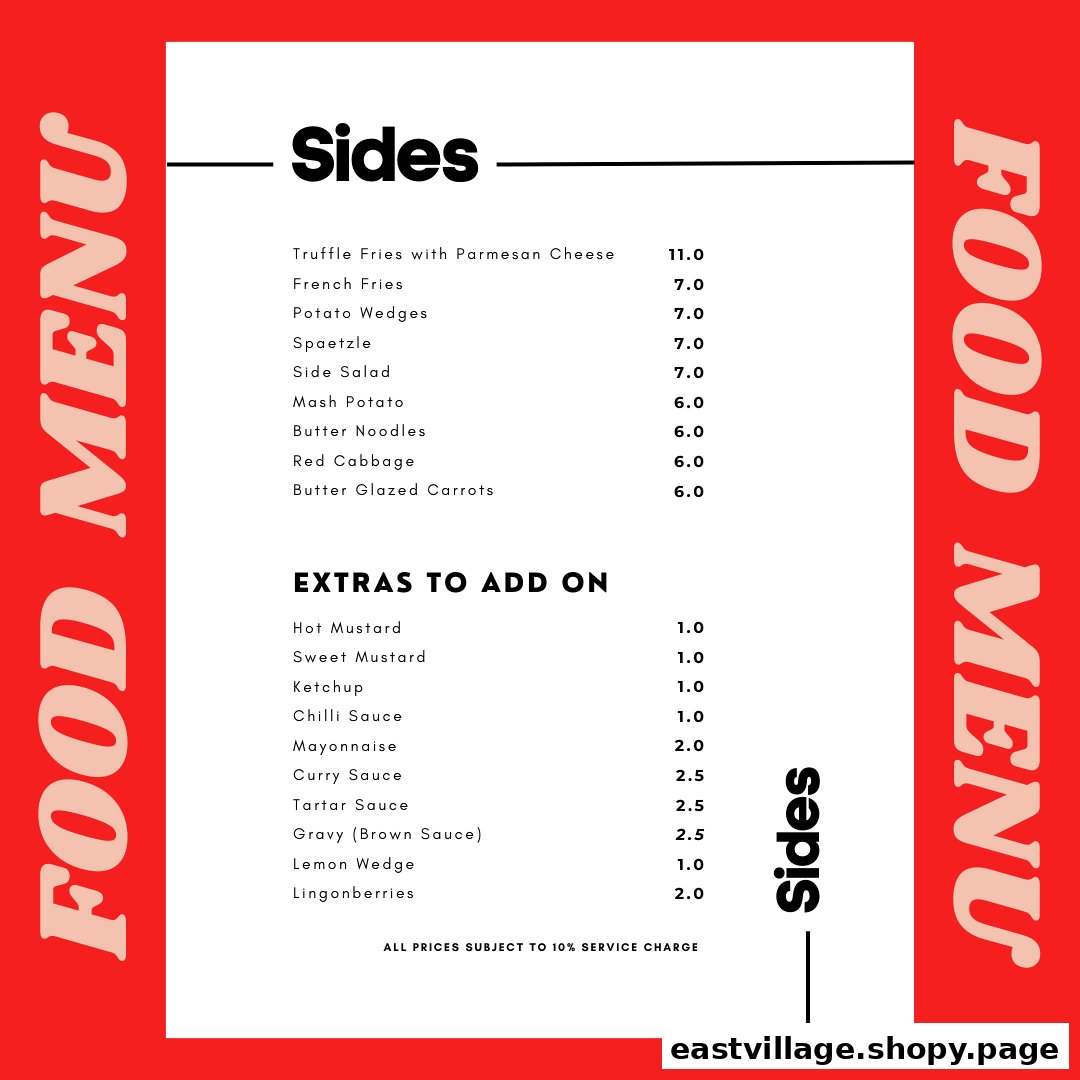 A vibrant red and white menu displaying a selection of sides and extra sauces.