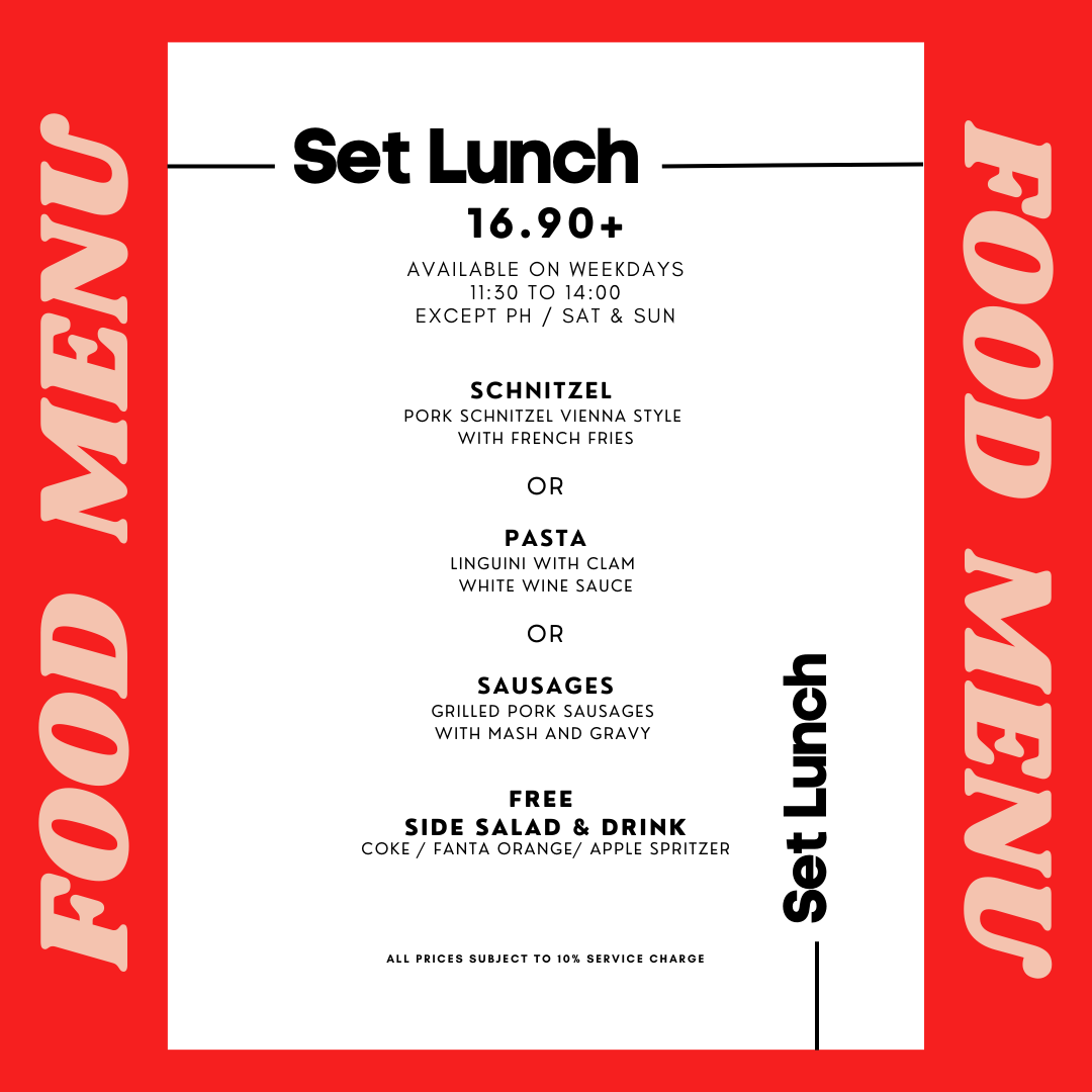 A vibrant red and white menu board displaying the Set Lunch options and pricing.