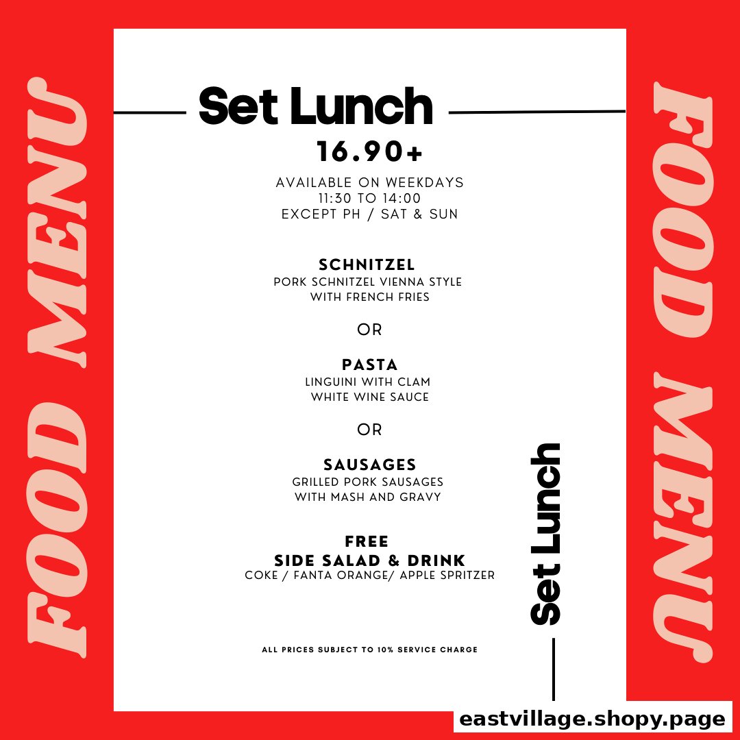A vibrant red and white menu board displaying the Set Lunch options and pricing.