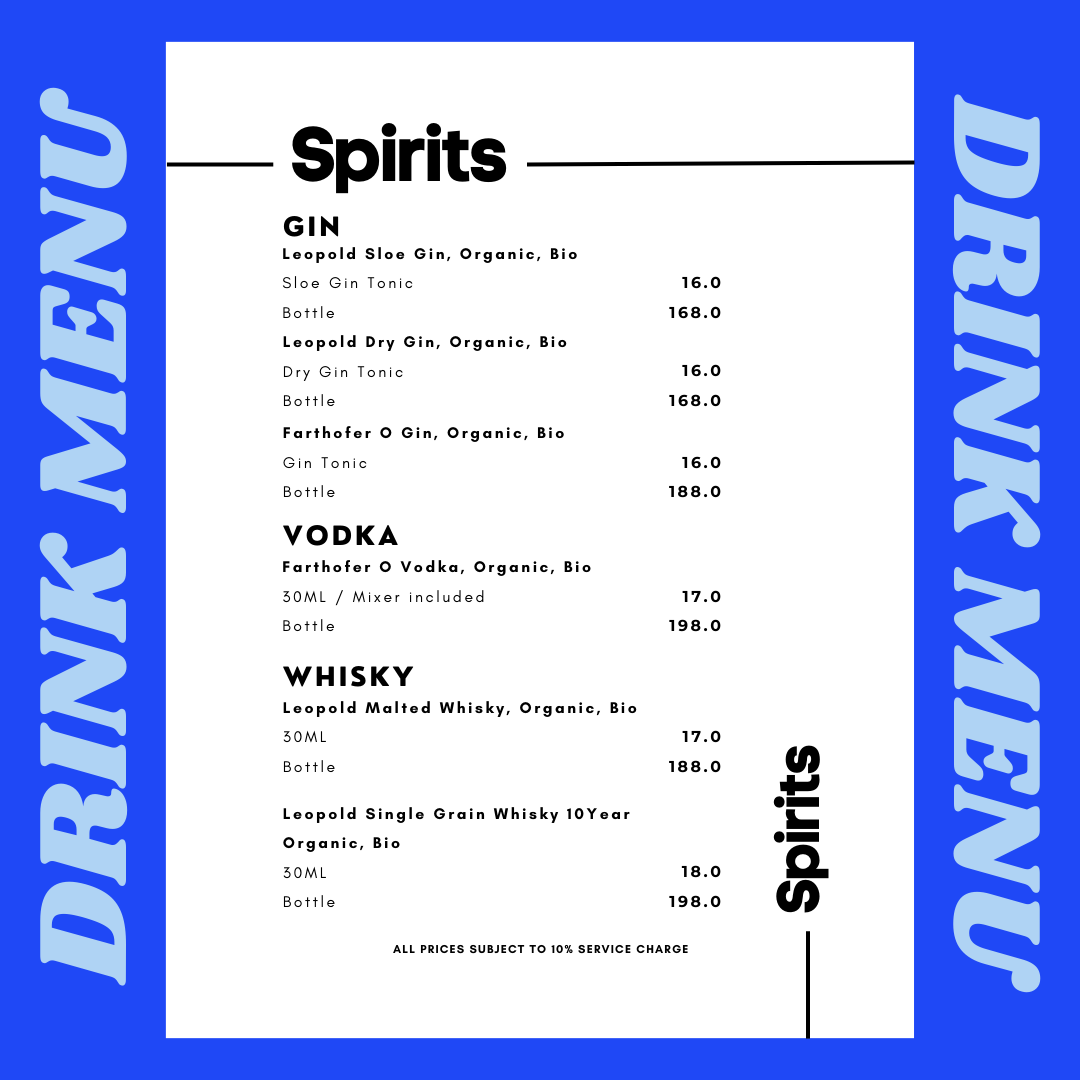 A detailed drink menu featuring a selection of spirits including gin, vodka, and whisky.