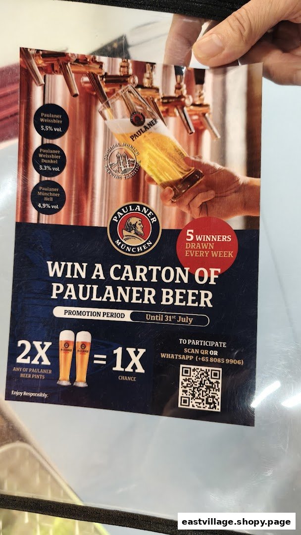 A promotional poster for Paulaner beer, detailing a contest to win a carton of beer.
