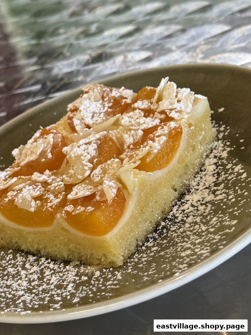 A delicious slice of apricot cake topped with powdered sugar and almond flakes.