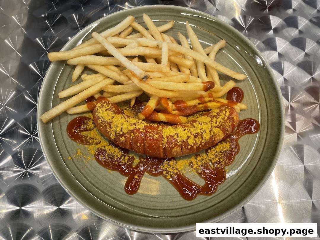 Delicious Currywurst with golden fries, ketchup, and curry powder on a plate.