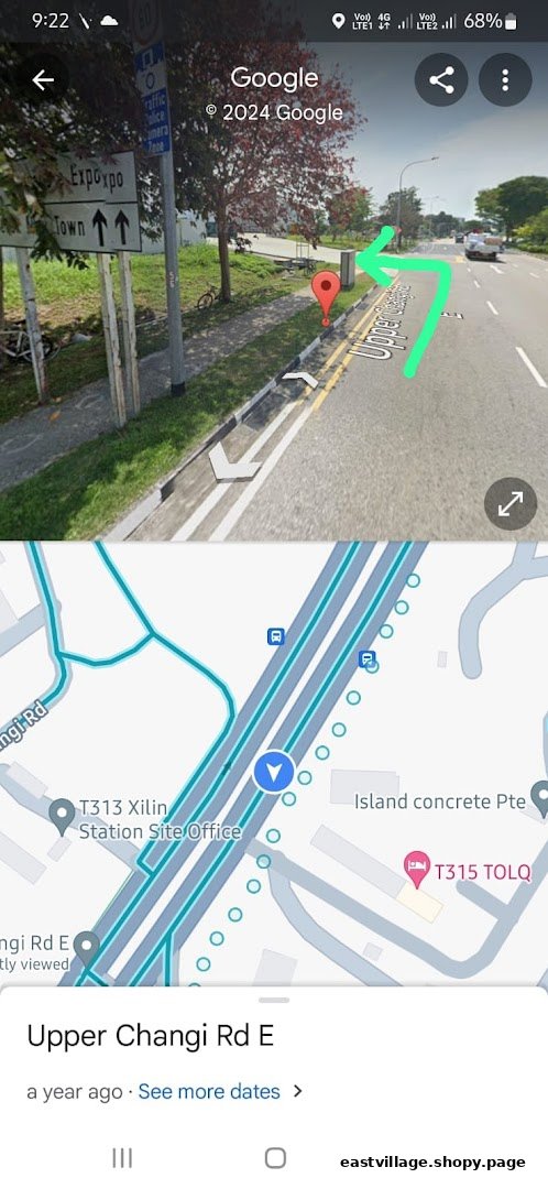 A Google Maps screenshot displaying a street view of Upper Changi Road E and its corresponding map location.