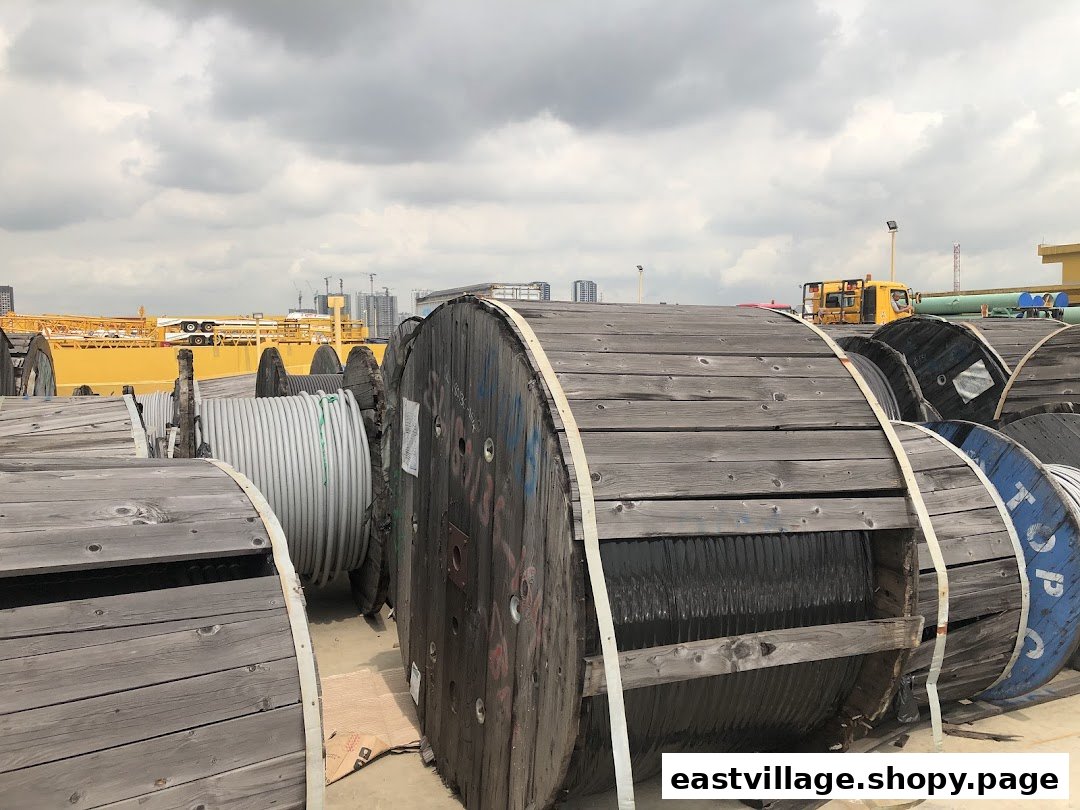 Large wooden spools of industrial cables and wires stored outdoors under a cloudy sky.
