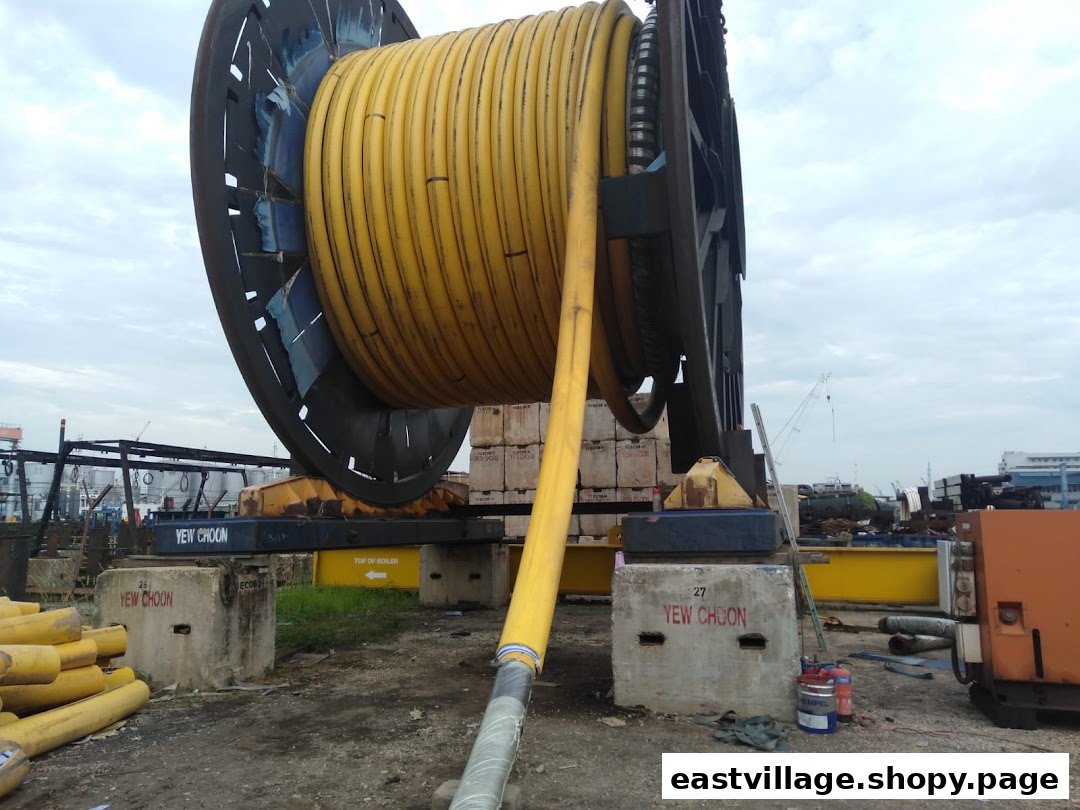 A large industrial reel with yellow piping in an outdoor industrial yard setting.