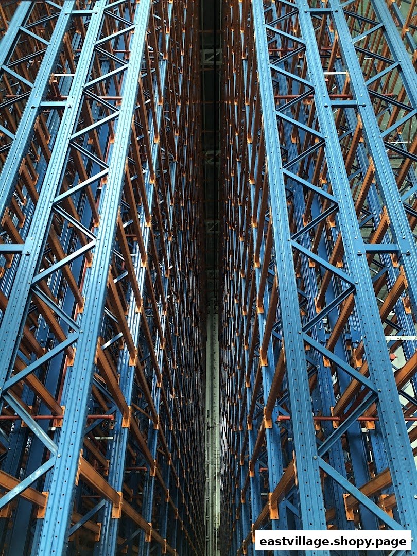 View of towering blue and orange industrial storage racks in a large warehouse.