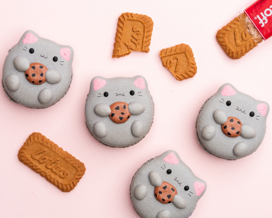 Adorable cat-shaped macarons holding cookies, surrounded by Lotus Biscoff biscuits on a pink background.