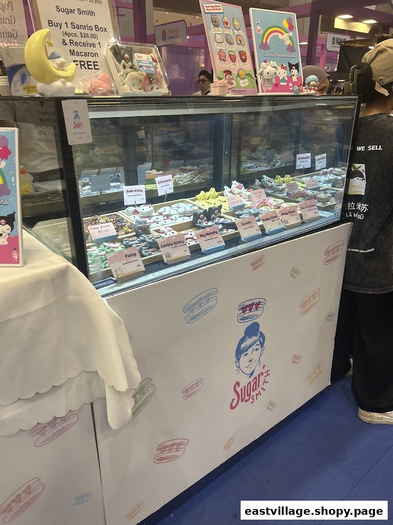 A vibrant display case at Sugarsmith showcasing an array of colorful, character-themed macarons and cookies.