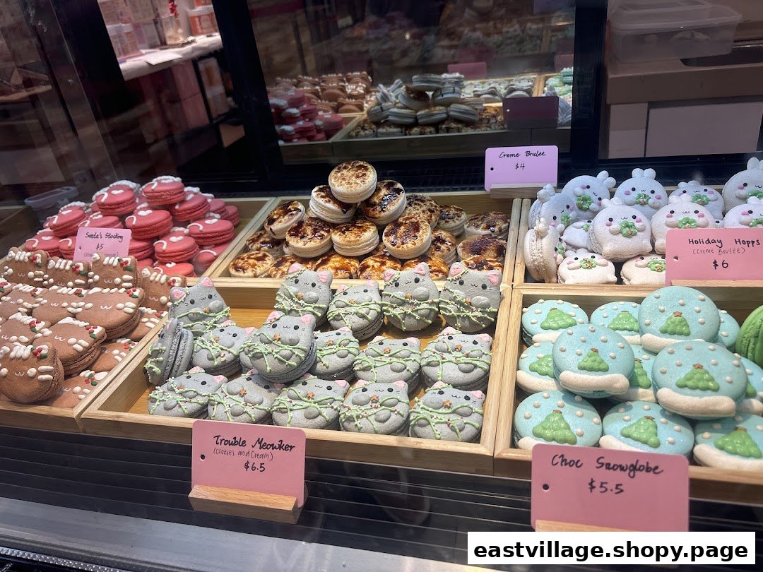 A vibrant display of festive macarons and tarts, including character and holiday themes, at Sugarsmith.