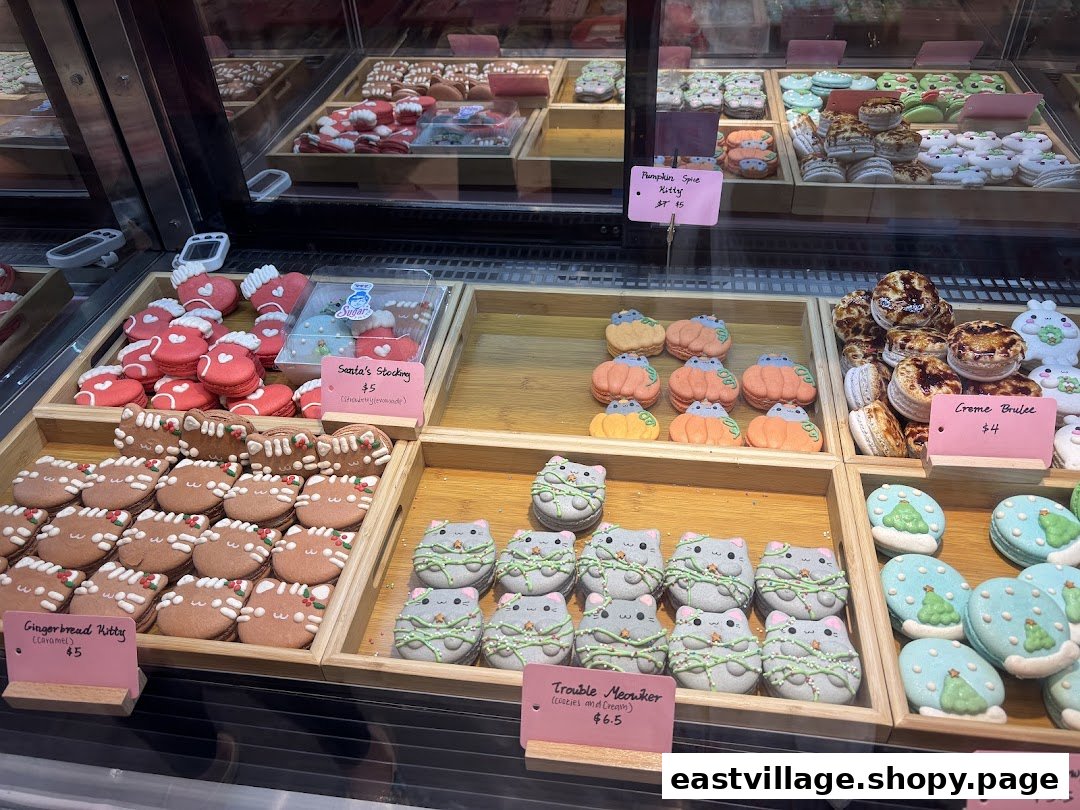 A vibrant display of character-themed macarons and desserts in a glass case at Sugarsmith.