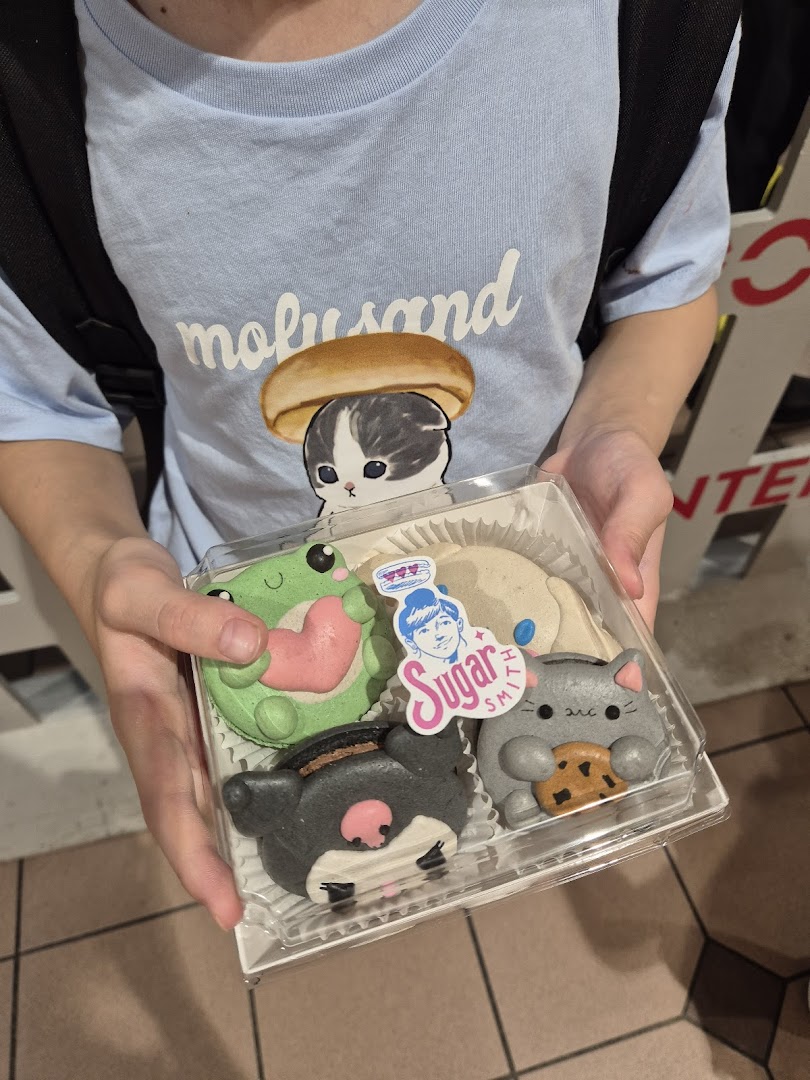 A person holds a clear box of adorable character macarons from Sugarsmith, featuring various cute designs.