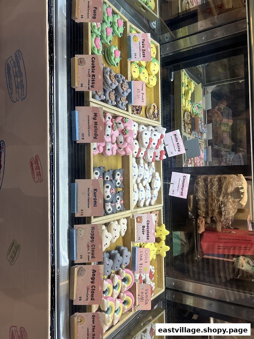 A vibrant display case showcasing an array of character-themed macarons and delightful desserts at Sugarsmith.