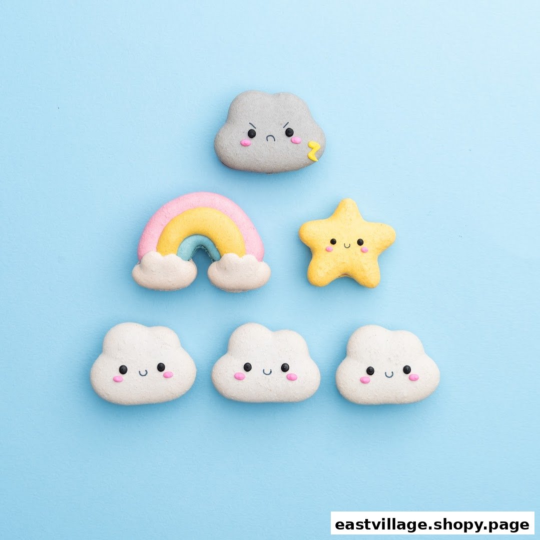 Adorable cloud, rainbow, and star-shaped cookies/macarons arranged on a light blue background.