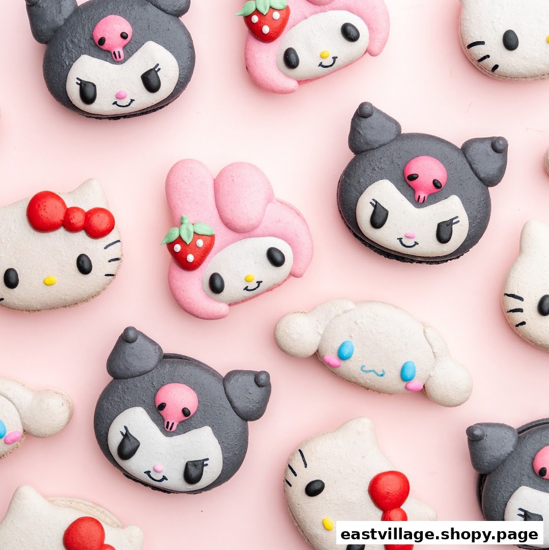A vibrant collection of character-themed macarons, including Hello Kitty, My Melody, Kuromi, and Cinnamoroll, on a pink background.