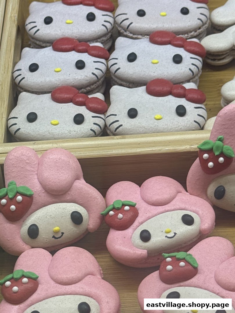 Close-up of adorable Hello Kitty and My Melody character macarons in a display.