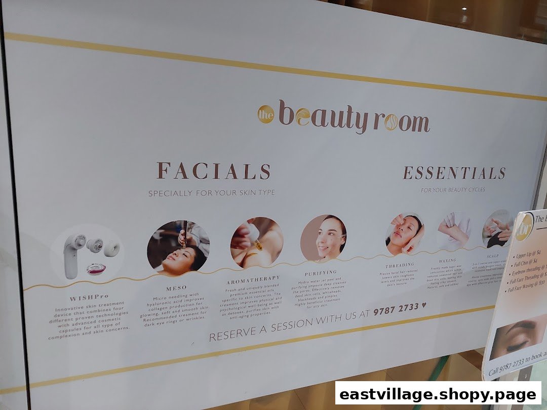 A detailed sign showcasing beauty services like facials, threading, and waxing offered by The Beauty Room.