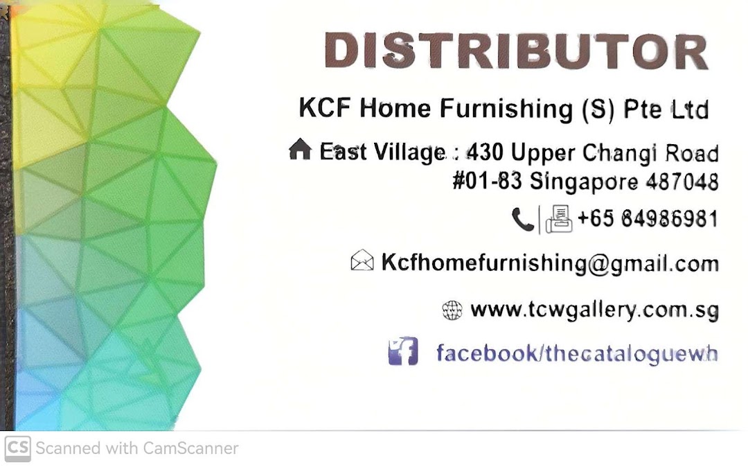 A business card displaying contact information for KCF Home Furnishing, a distributor for The Catalogue Wallpaper Curtains Gallery.