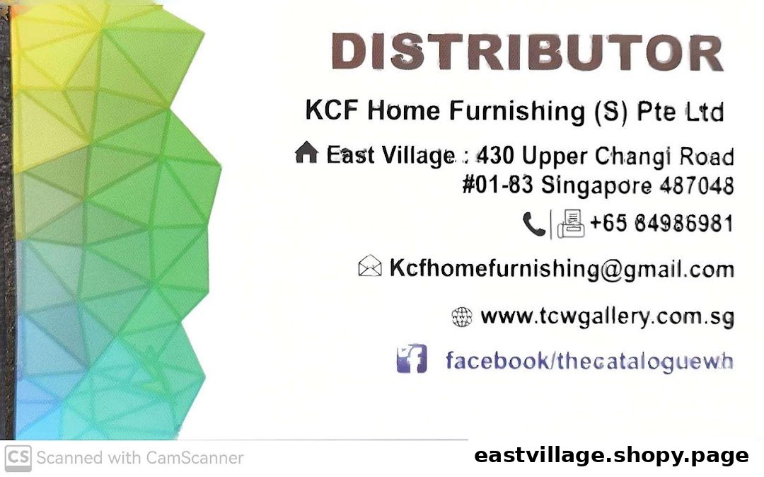 A business card displaying contact information for KCF Home Furnishing, a distributor for The Catalogue Wallpaper Curtains Gallery.