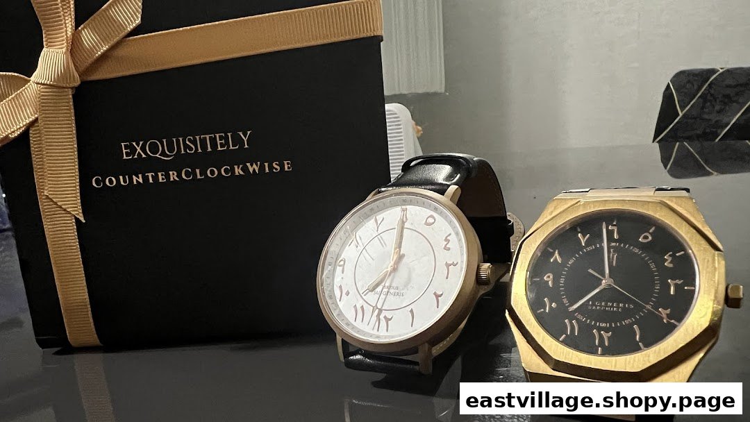 Two unique watches with Arabic numerals displayed alongside a gift box from 'Time To Hijra'.