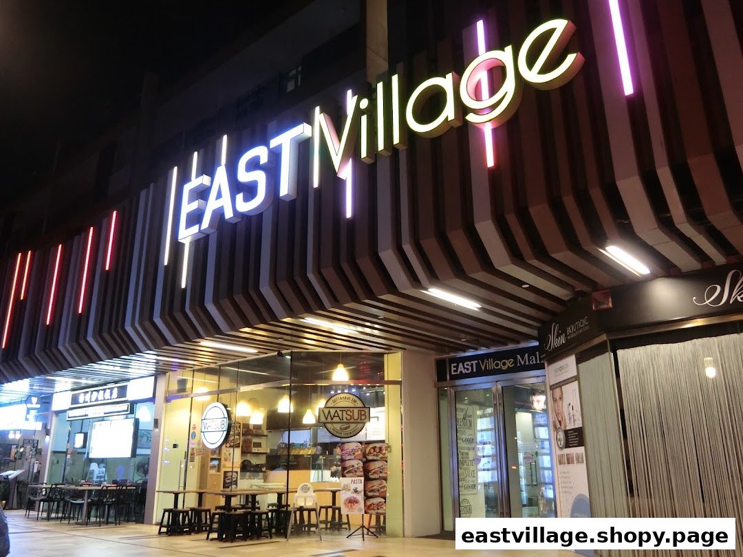 Illuminated entrance of East Village mall at night, featuring various shop fronts including WATSUB.