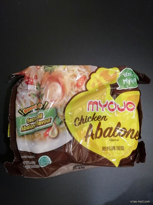 A package of Myojo Chicken Abalone flavour instant noodles is shown.
