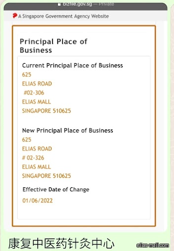 The image shows business registration details for a Singaporean company.