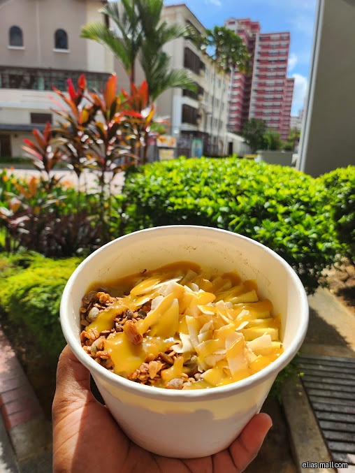 A hand holds an acai bowl with granola, mango, and coconut flakes.