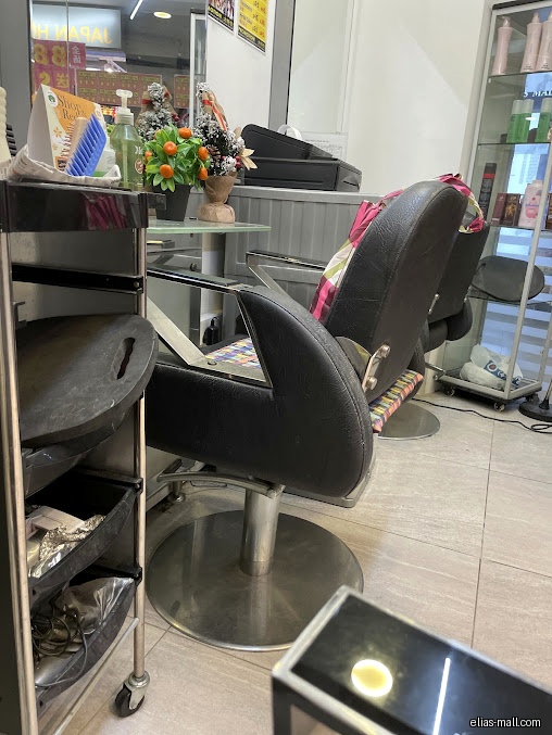 Salon interior with styling chair, cart, and product display in the background.