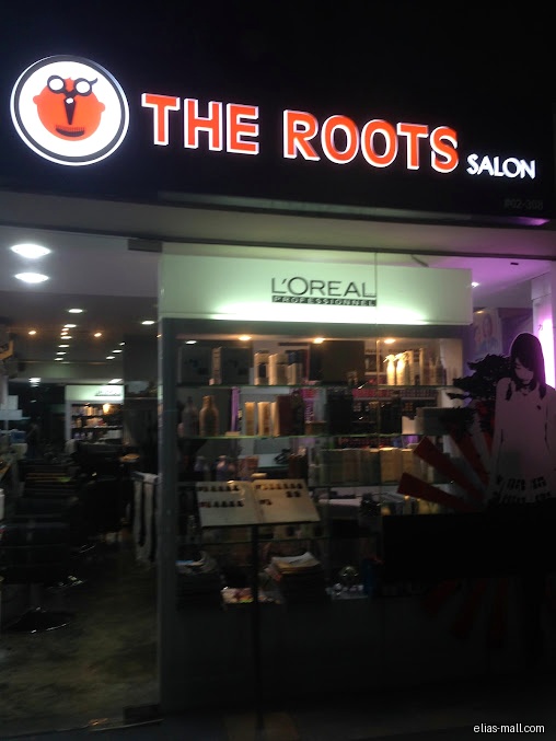 The Roots Unisex Hair Salon storefront with L'Oreal products displayed.