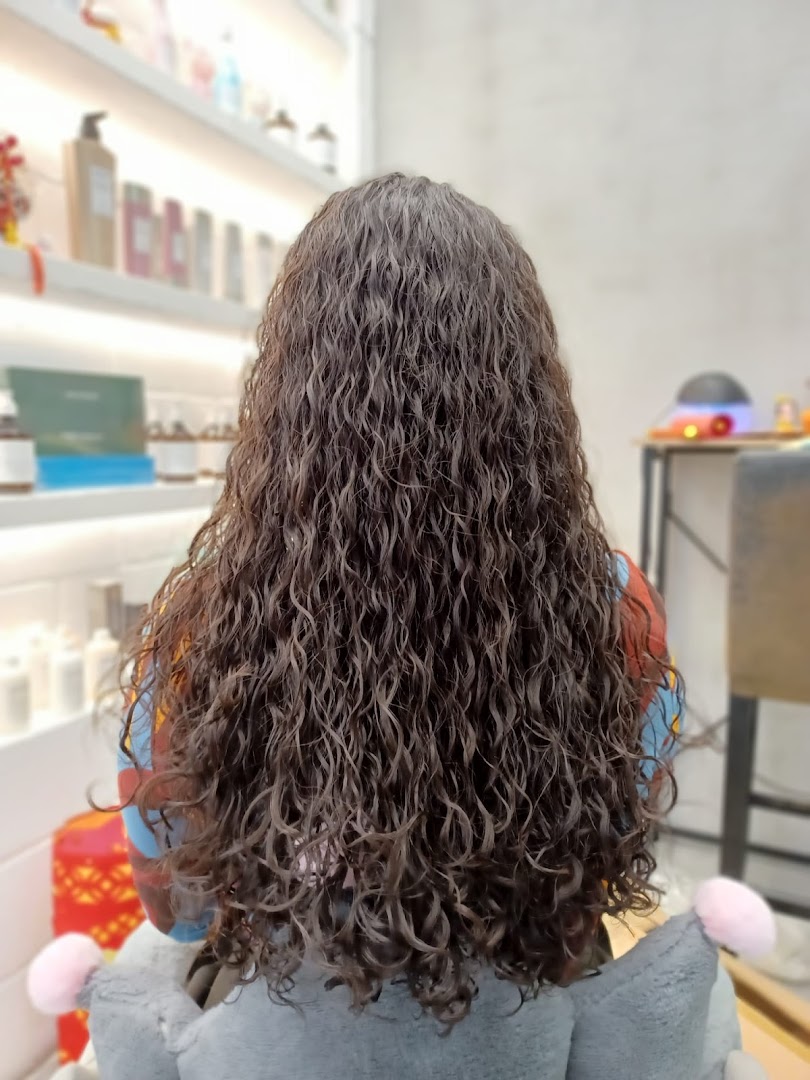 Back view of a person with long, beautifully styled curly hair in a salon setting.