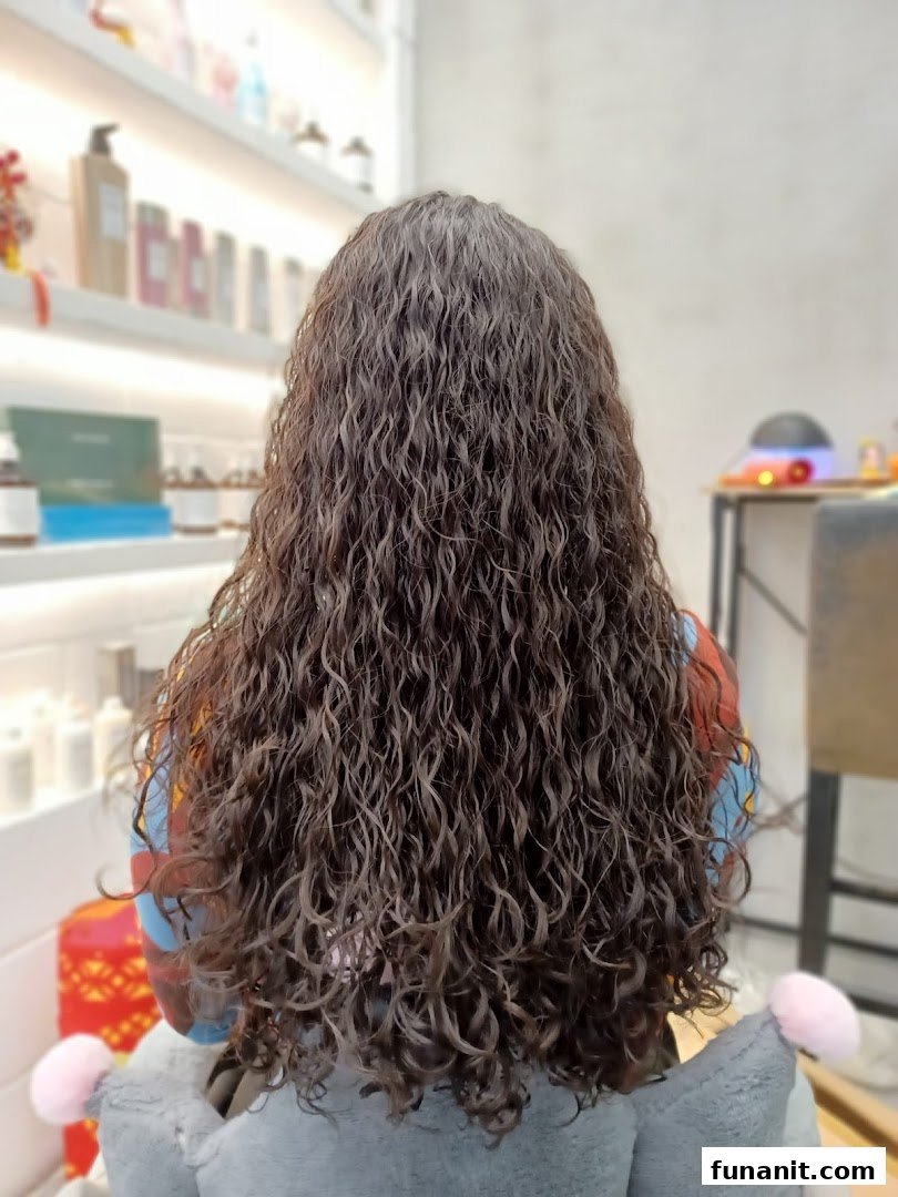 Back view of a person with long, beautifully styled curly hair in a salon setting.