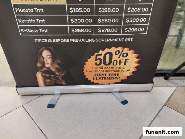 A banner displaying hair treatment services, prices, and a first-time customer discount offer.