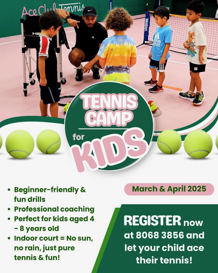 A tennis coach instructs children on an indoor court, promoting Ace Club Tennis's kids' camp.