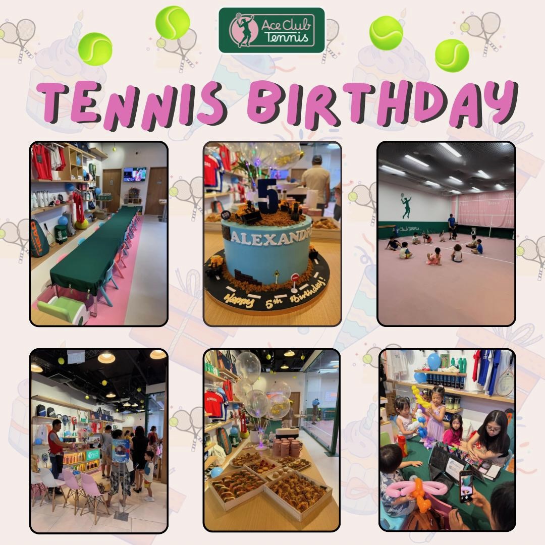 A collage showcasing a 'Tennis Birthday' event at Ace Club Tennis, featuring party setup, cake, and kids playing.