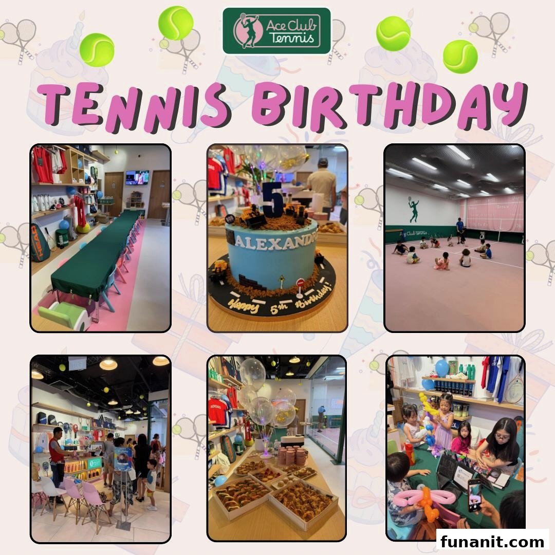 A collage showcasing a 'Tennis Birthday' event at Ace Club Tennis, featuring party setup, cake, and kids playing.