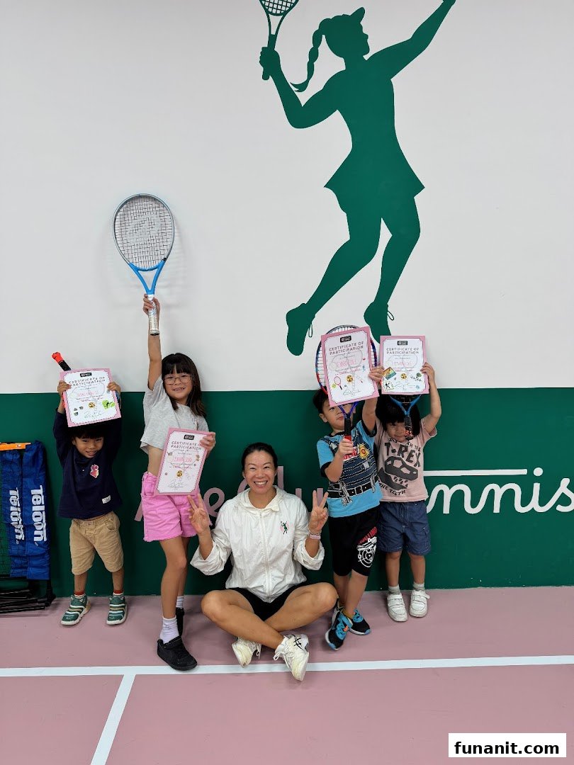 An instructor and children proudly display participation certificates at Ace Club Tennis.