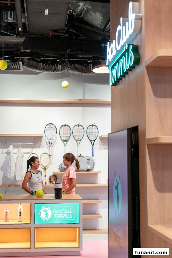 Two women converse inside Ace Club Tennis, surrounded by tennis rackets and merchandise.