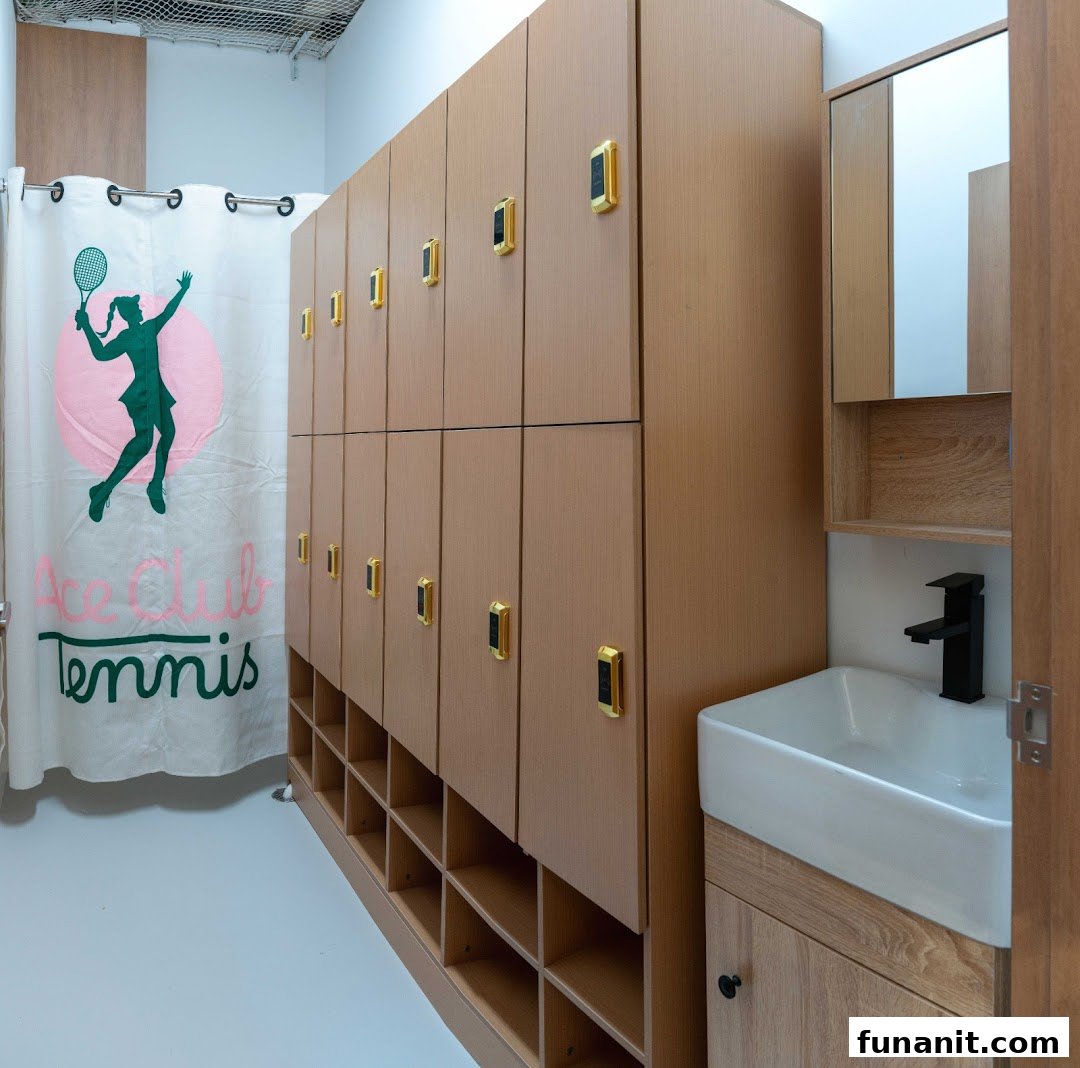 A modern changing room with wooden lockers, a sink, and a branded shower curtain.