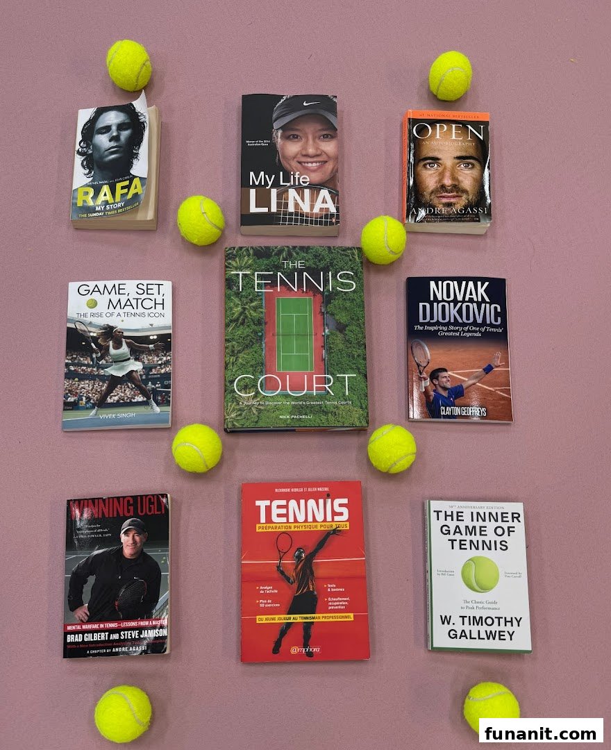 An overhead view of various tennis-themed books and bright yellow tennis balls arranged on a pink surface.