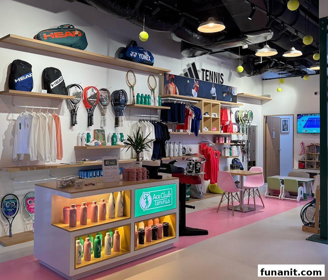An interior view of Ace Club Tennis, showcasing tennis apparel, rackets, and accessories in a vibrant setting.