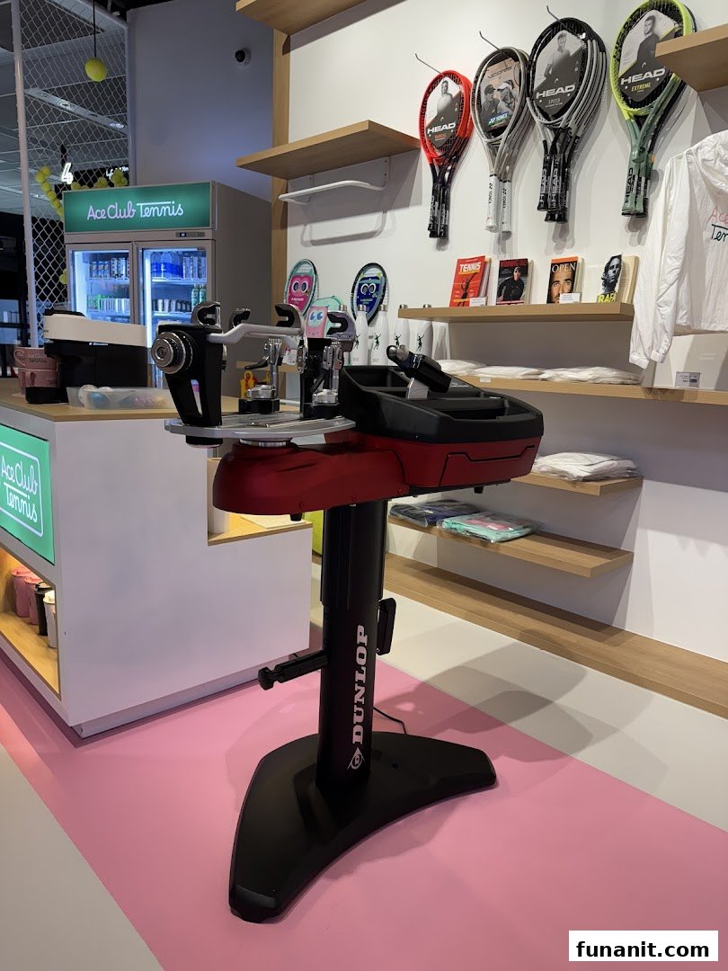 An interior view of Ace Club Tennis, featuring a stringing machine and tennis equipment displays.