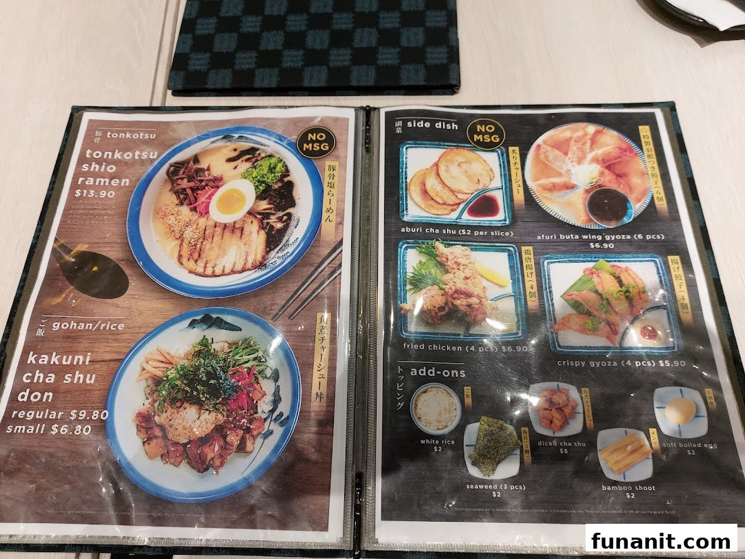 A detailed menu displaying ramen, rice bowls, side dishes, and add-ons from Afuri.