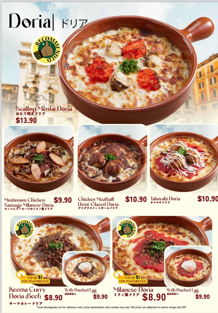A menu showcasing various Doria dishes, including Scallop Mentai, Mushroom Chicken, and Keema Curry Doria.